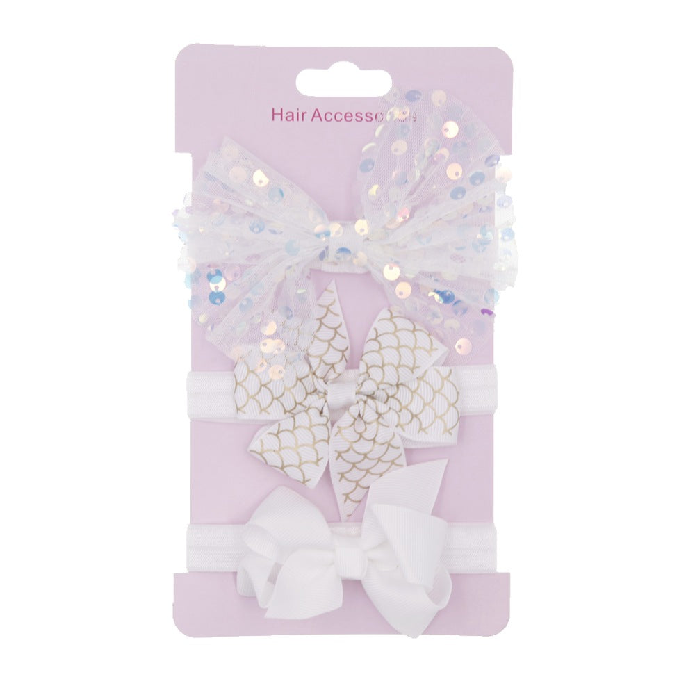 3pcs/set Kids Girls Cute Mesh Sequin Flower Pearl Bow Headband Set