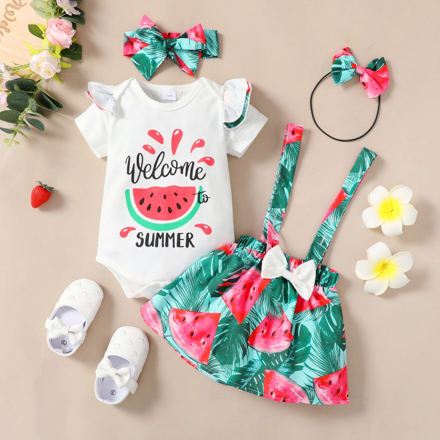 Toddlers Newborn Baby Girls Solid Color Short Sleeves Bodysuit And Fruit Print Strap Skirt Set