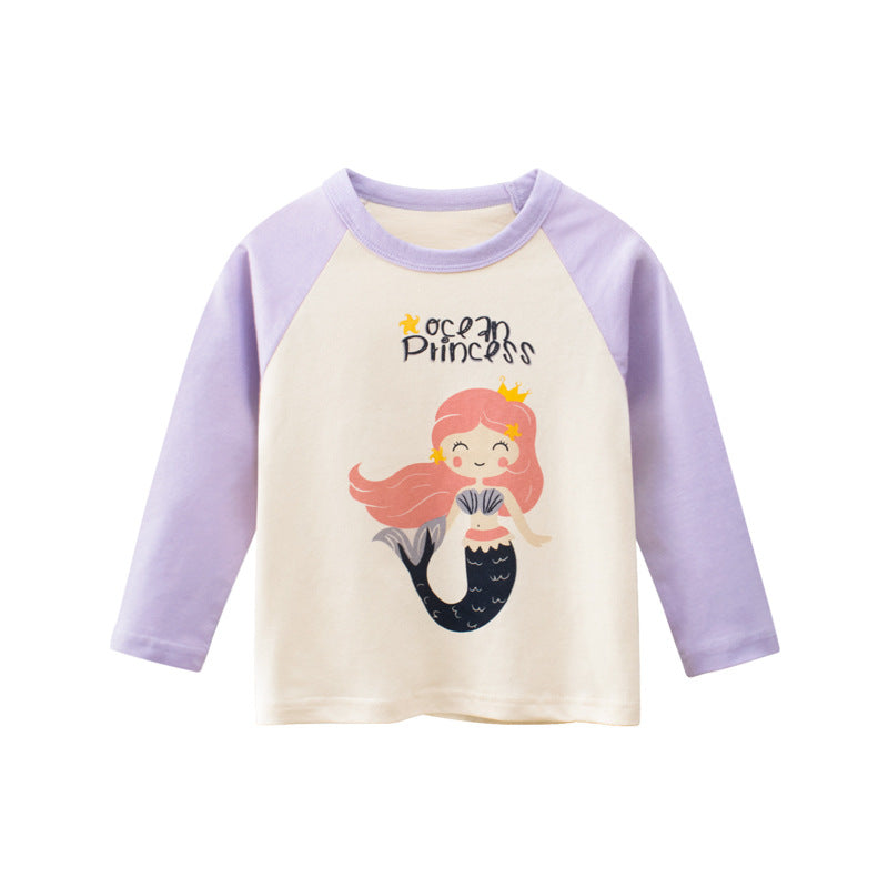 Kids Toddler Girls Casual Cute Alphabet Cartoon Mermaid Print Long Sleeve Round Neck T-Shirt