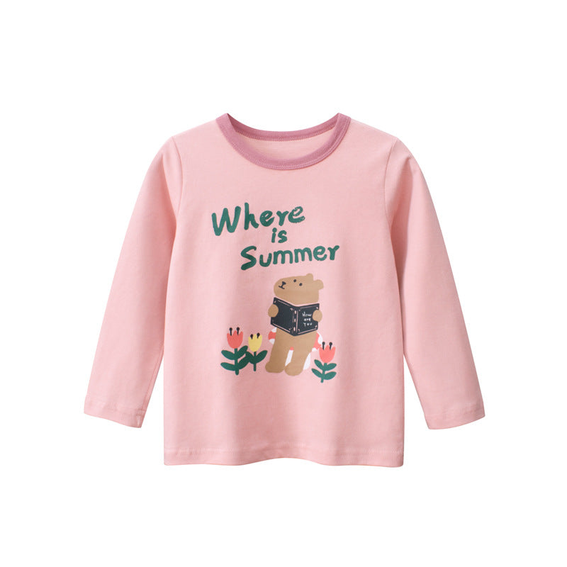 Kids Toddler Big Girls Spring Autumn Casual Versatile Letters Cartoon Bear Print Long Sleeve Round Neck T-Shirt