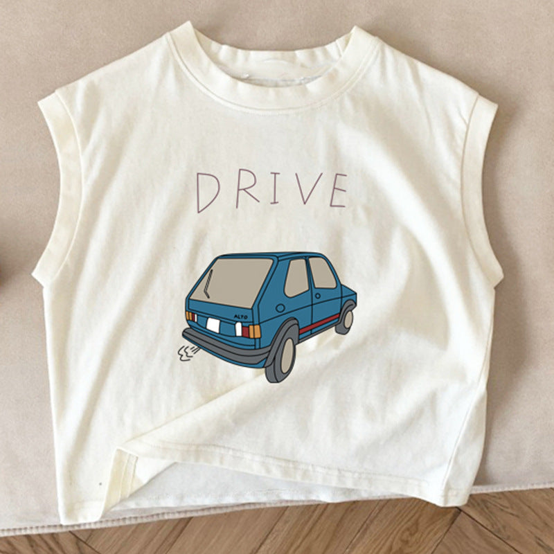 Kids Toddler Girls Boys Summer Basic Cute Pure Cotton Solid Color Cartoon Car Sleeveless Round Neck T-Shirt
