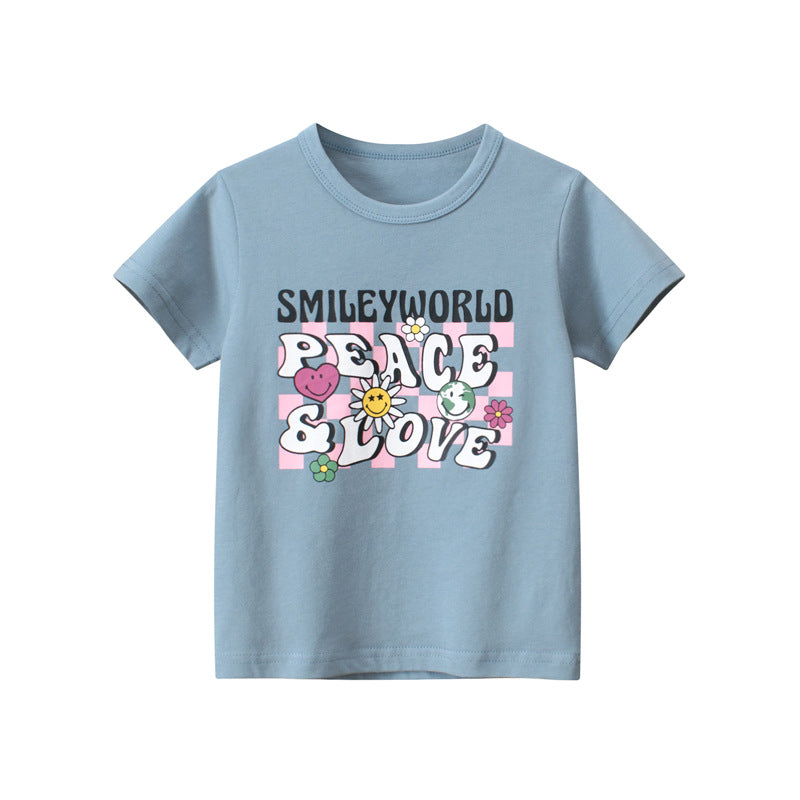 Children Kids Baby Fashion Girls Short Sleeve Flower Letter Print T-Shirt