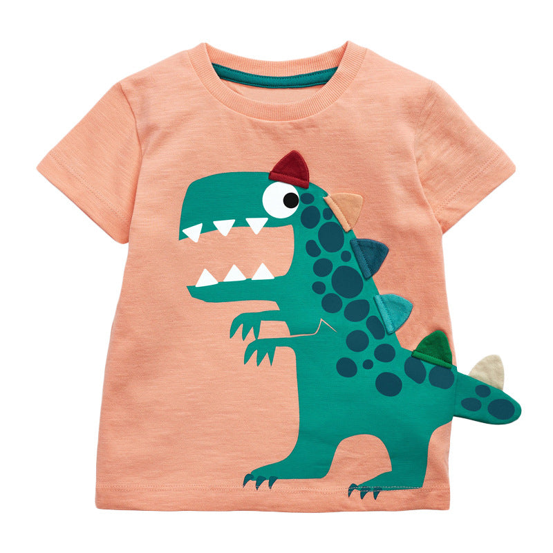 Boys Cute Cartoon Dinosaur Patteirn Round Neck Short Sleeve T-shirt