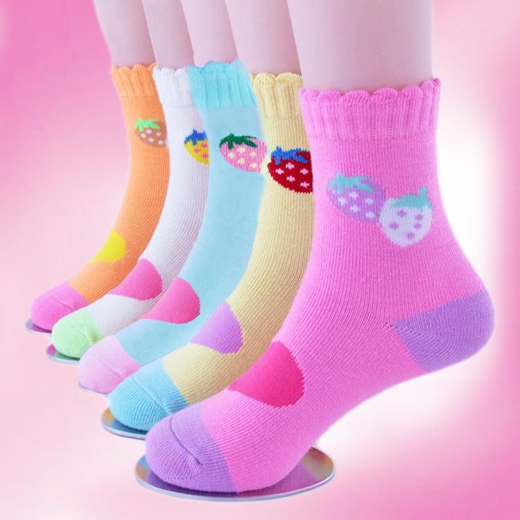 5pairs/set Kids Girls Retro Cartoon Strawberry Comfortable Breathable Elastic Socks