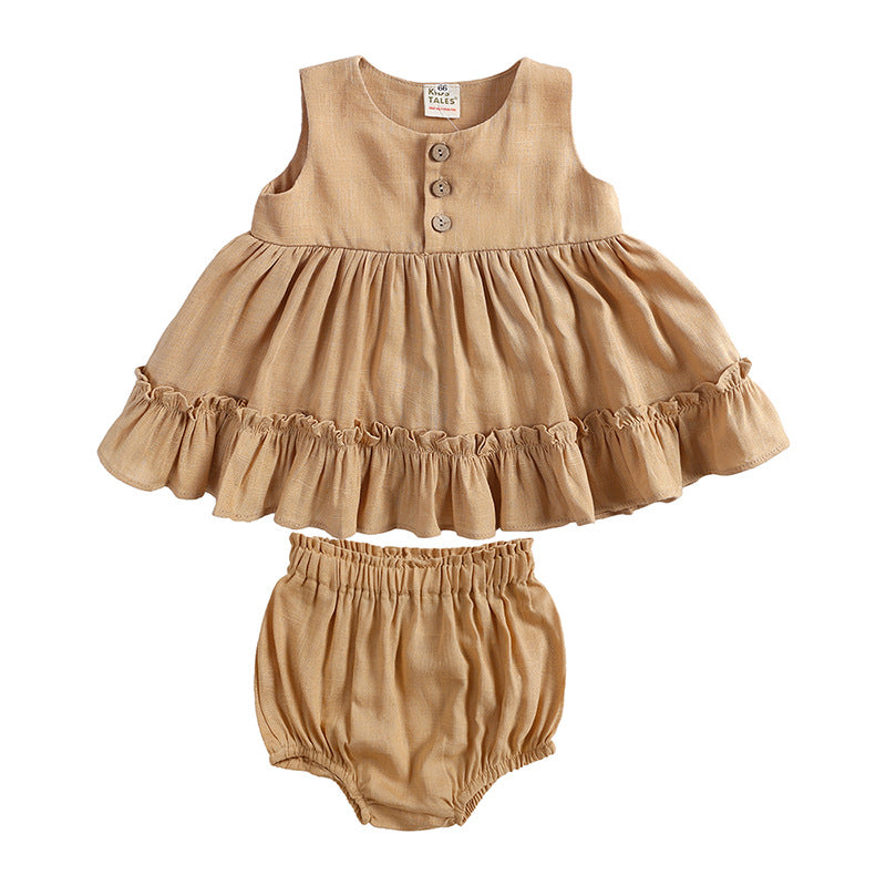 Toddlers Newborn Baby Girls Sleeveless Ruffle Solid Color Top And Shorts 2pcs Set