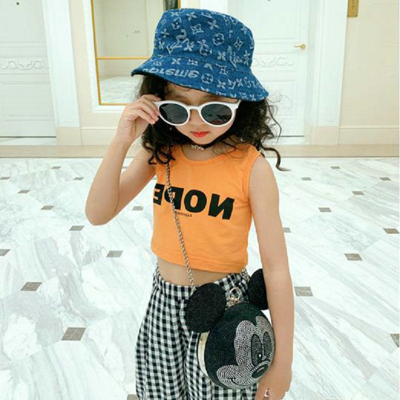Kids Girls Basic Round Neck Sleeveless Letter Pattern T-shirt