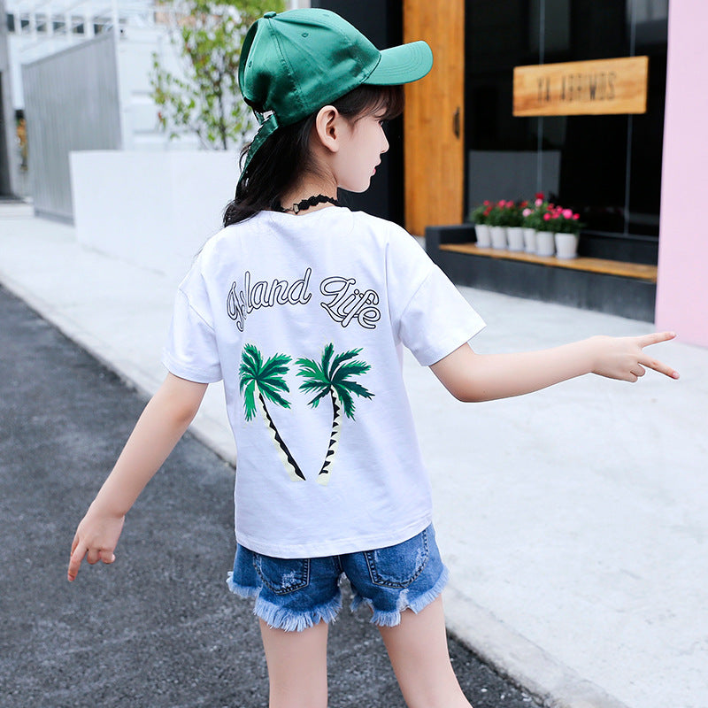 Unisex Kids Coconut Tree Palmtree Printing Cotton Short-Sleeved T-Shirt