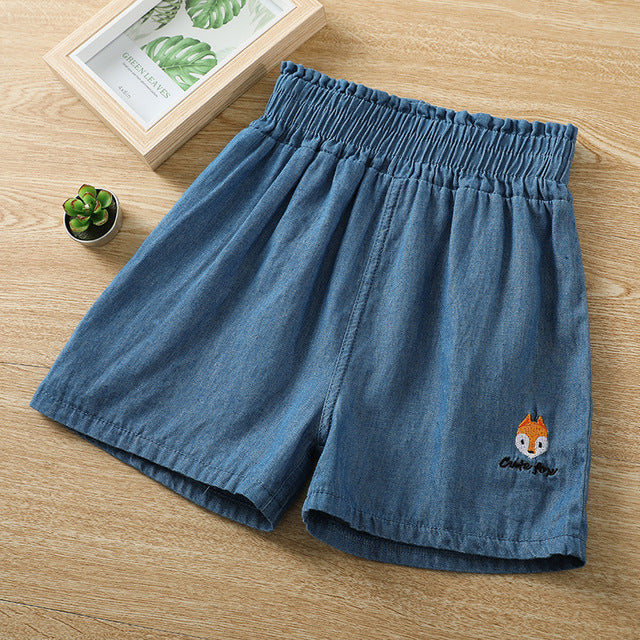 Kids Cute Cartoon Rabbit Fox Letter Embroidery Denim Casual Shorts