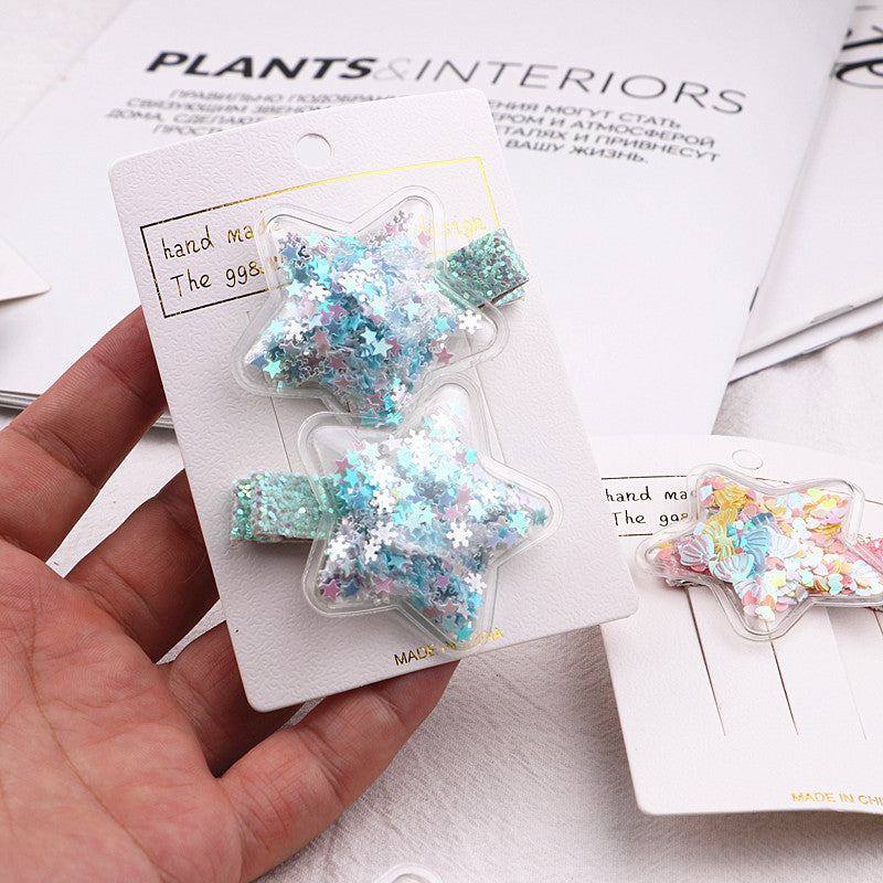 2pcs/set Girls Cute Glitter Star Quicksand Design Hairpin