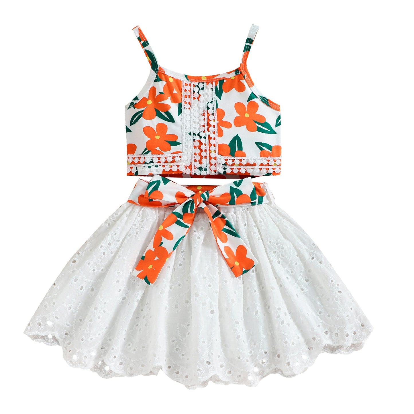 Toddlers Newborn Baby Suspenders Printed Lace Top And Hollow Lace Skirt 2pcs Set