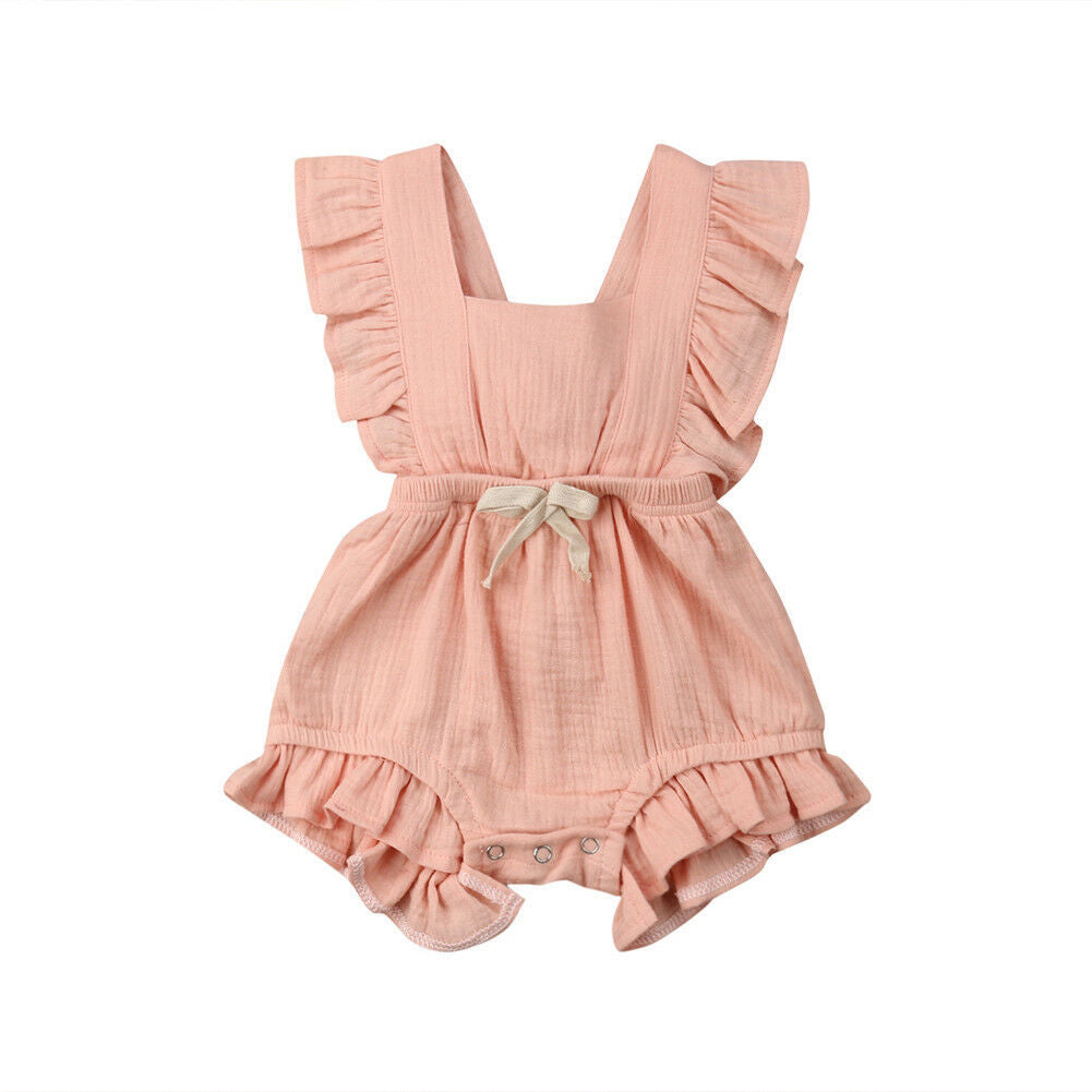 Baby Girls Solid Color Ruffled Sleeveless Rompers