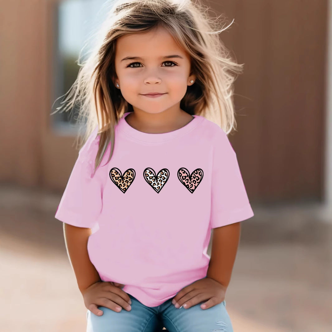 Kids Toddler Girls Casual Heart Print Short Sleeve T-Shirt