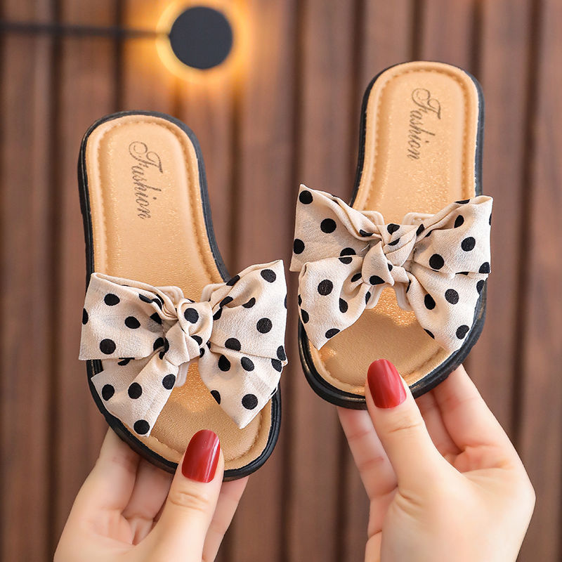 Girls Sweet Polka Dot Big Bow Non-slip Soft Bottom Slippers