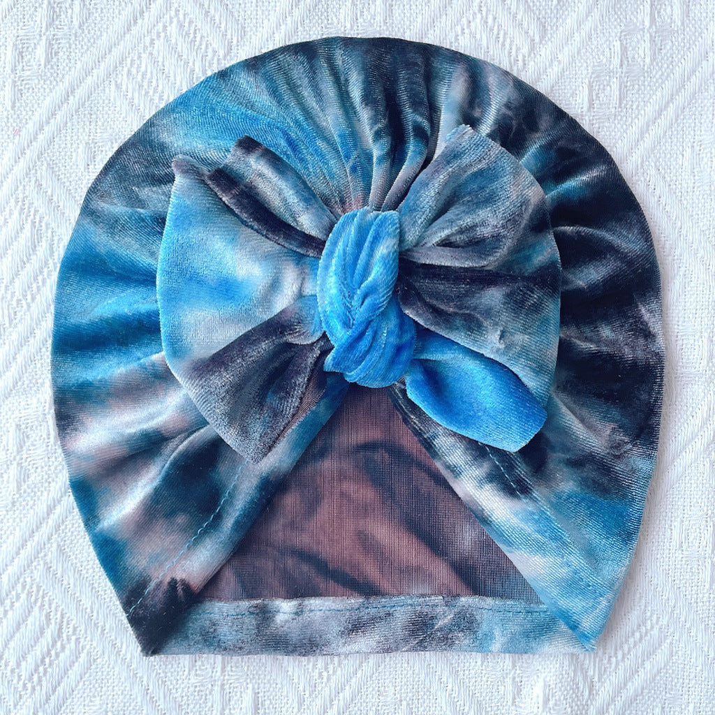 Toddlers Newborn Baby Velvet Tie-Dye Bow Turban Cap