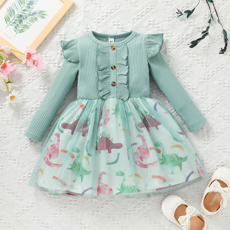 Toddlers Newborn Baby Girls Striped Long-Sleeved Stitching Mesh Dress