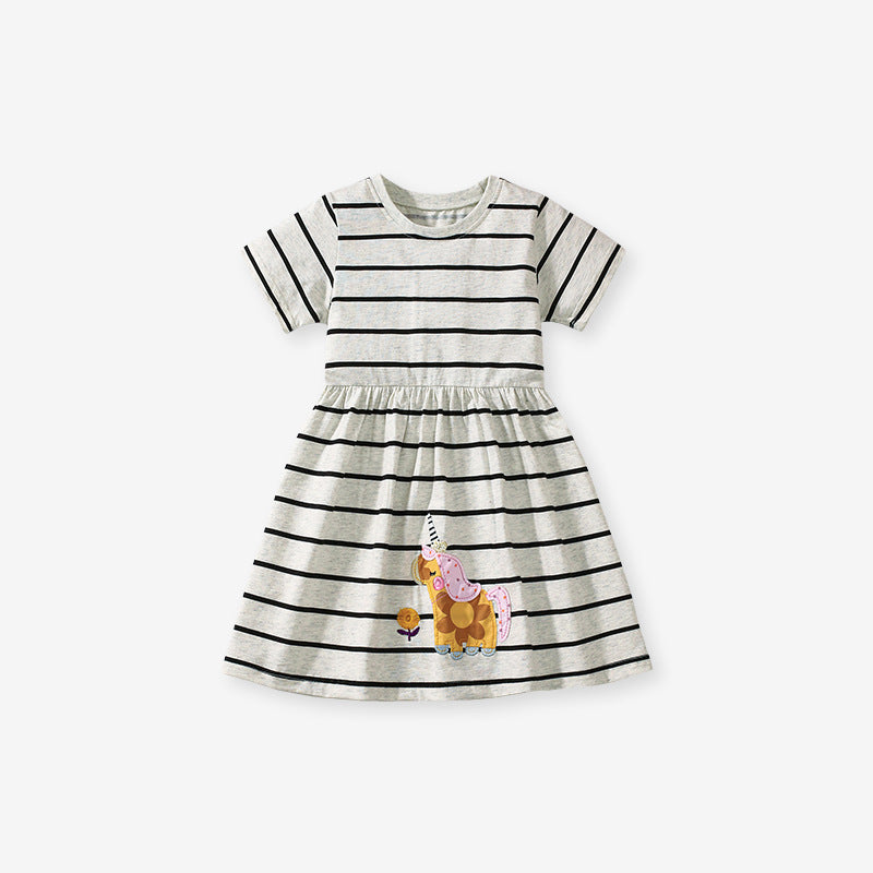 Kids Toddler Girls Cute Cartoon Stripe Short Sleeve Dress
