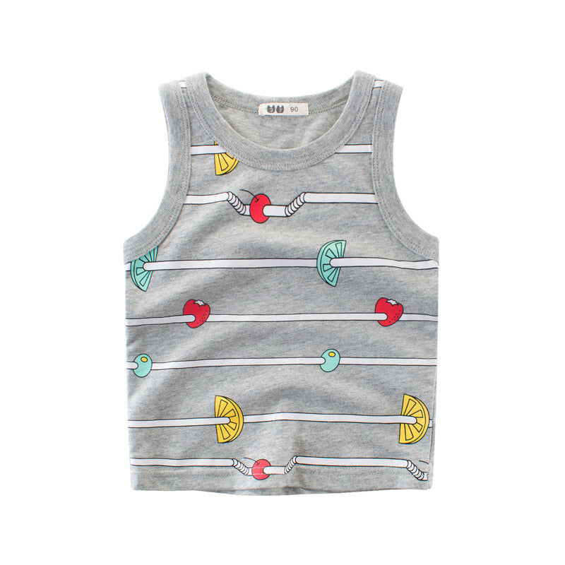 Kids Boys Basic Cartoon Fruit All Over Print Round Neck Sleeveless Casual Vest