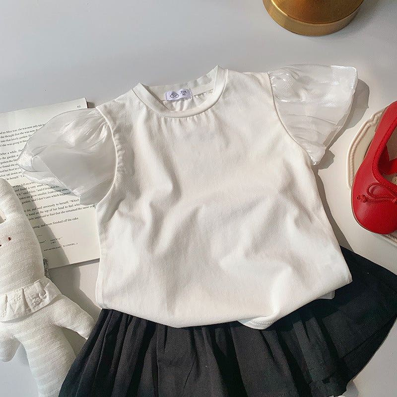 Kids Toddler Girls Casual Cute Solid Color Puff Sleeve Round Neck T-Shirt