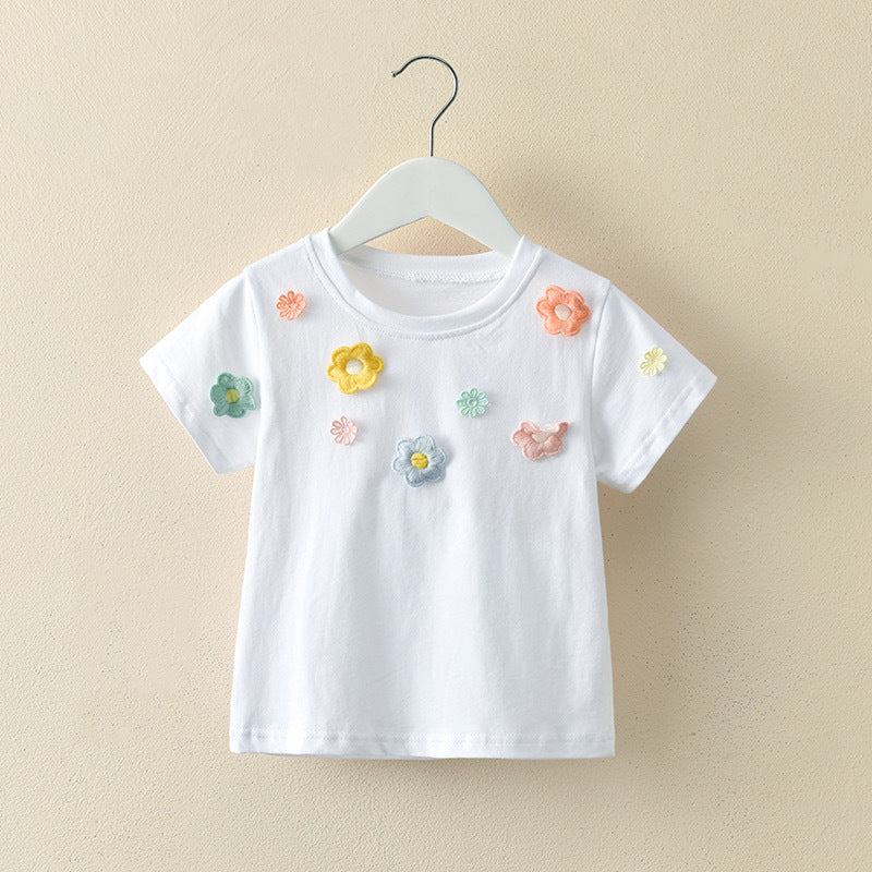 Kids Toddler Girls Casual Cute Flower Short Sleeve Round Neck T-Shirt