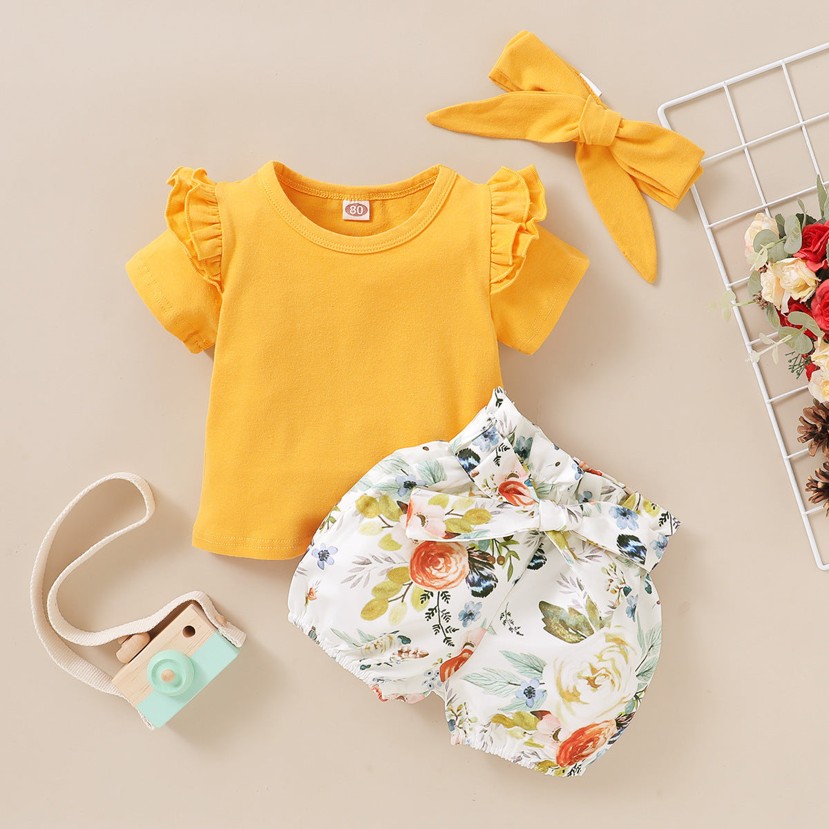 Toddlers Newborn Baby Girls Solid Color Short-Sleeved Top And Flower Shorts Hairband 3pcs Set