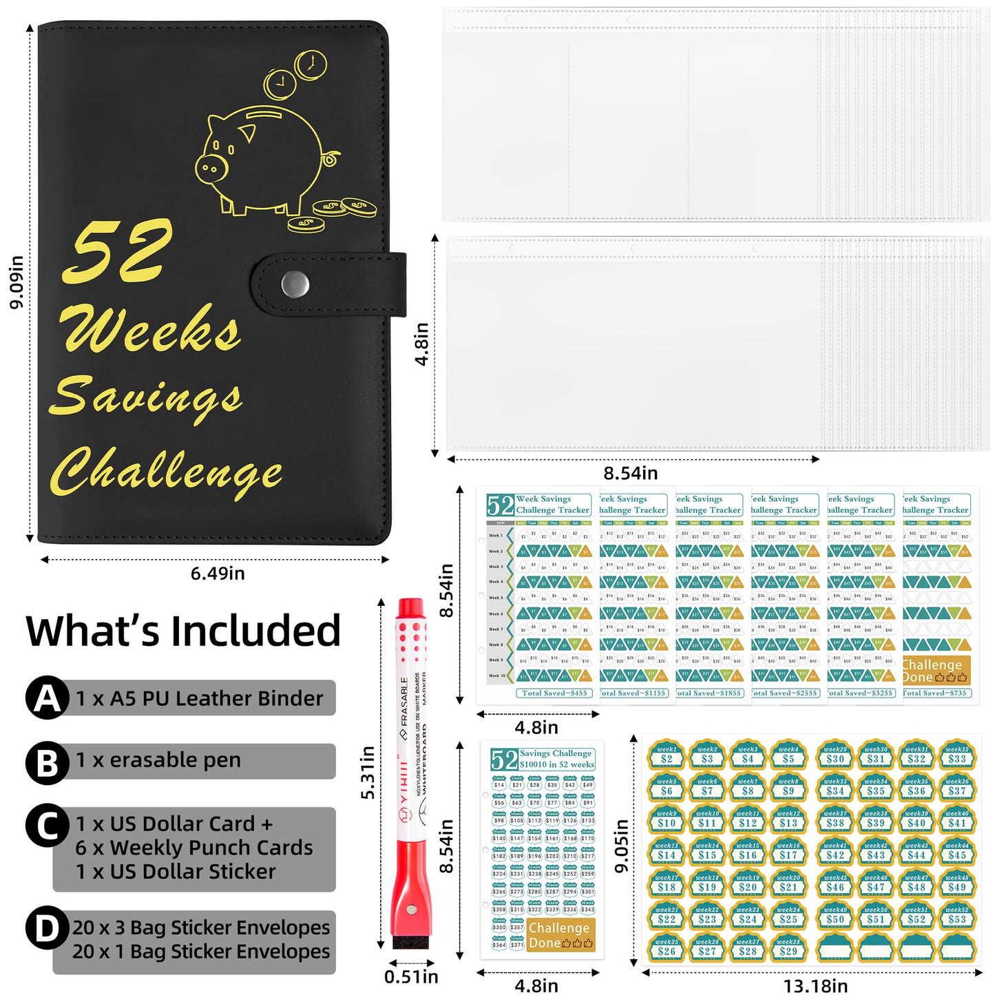 52 Weeks Savings Challenge Loose Paper Book.