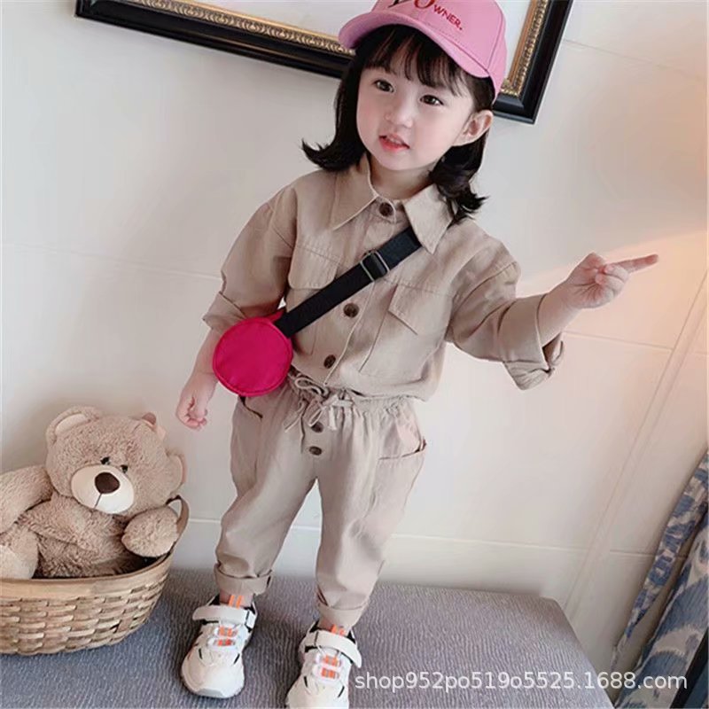 Girls Solid Color Cartoon Lapel Cute Shirt Pants Set