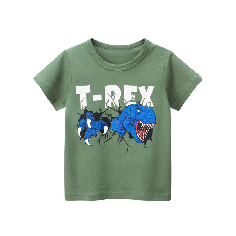 Kids Boys Casual Cartoon Dinosaur Letter Pattern Round Neck Short Sleeve T-shirt