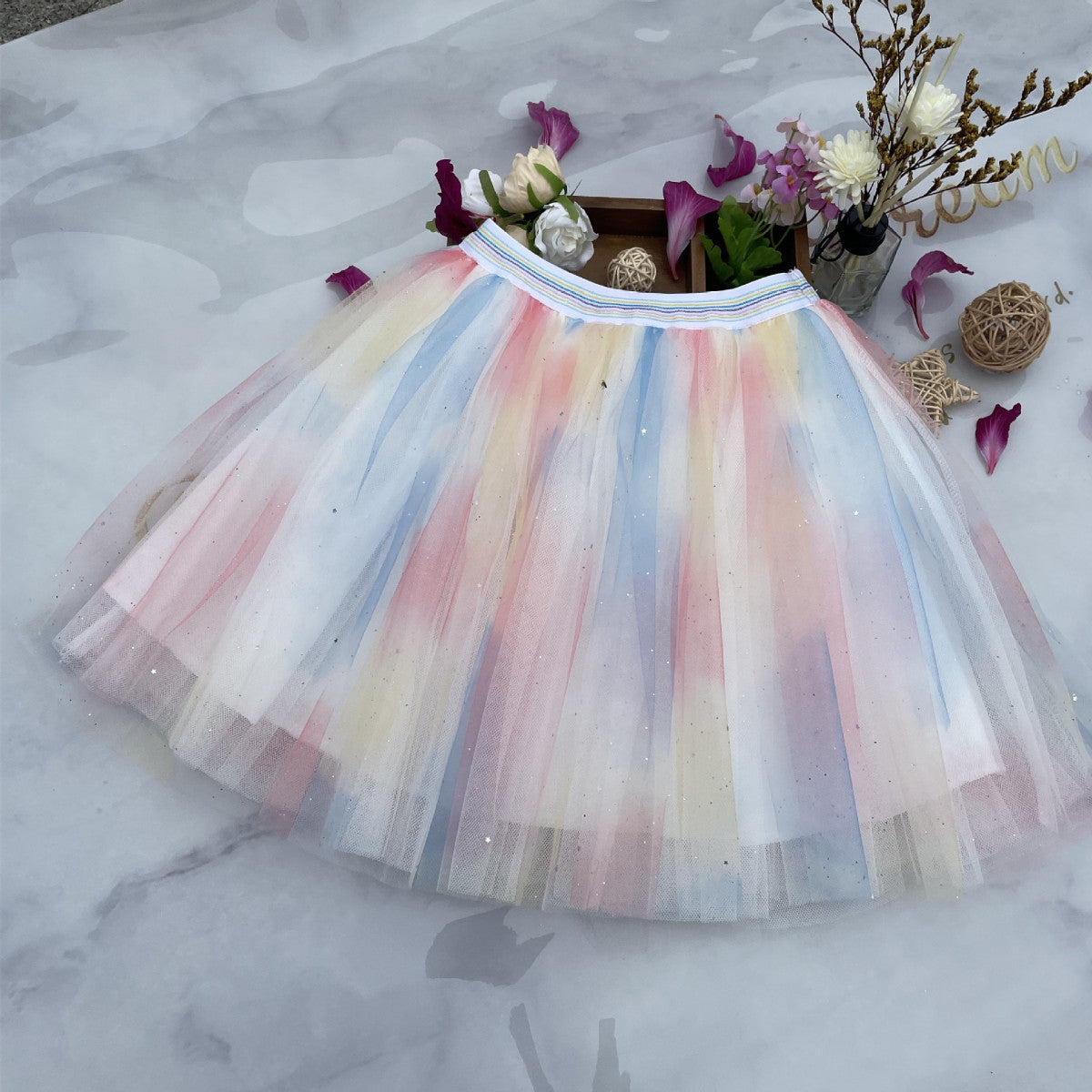 Girl'S Fashion Mesh Tie-Dye Printed Mesh Tutu Dress