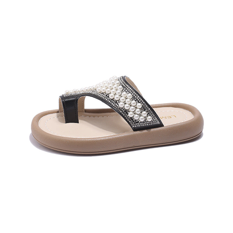 Kids Girls Casual Cute Pearl Rhinestone Slippers