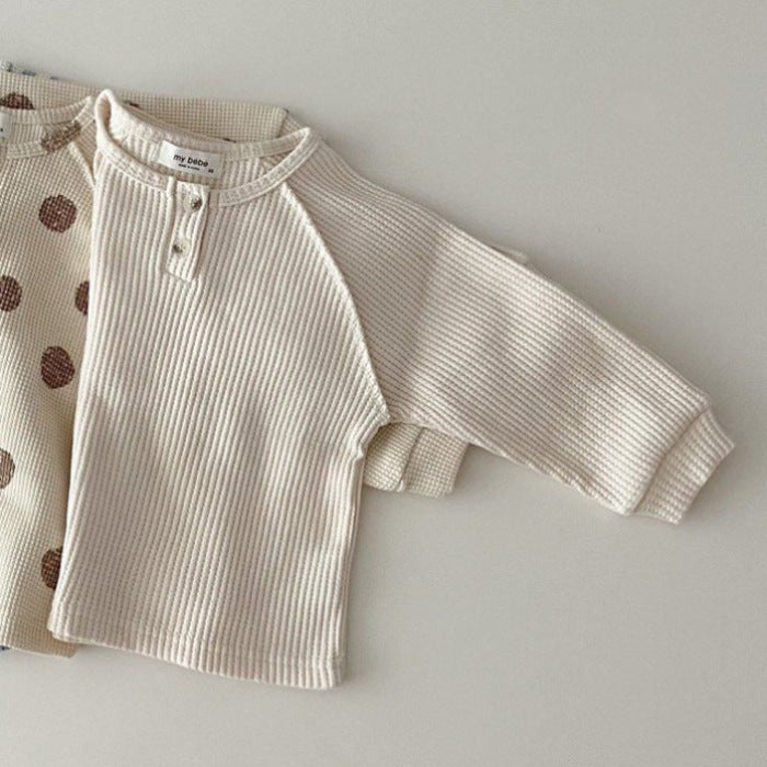 Kids Baby Boys Girls Casual Cute Stripe Polka Dot Waffle Long Sleeve Round Neck T-Shirt