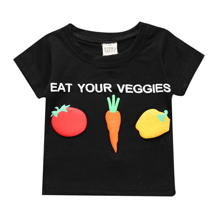 Kids Casual Round Neck Short Sleeve Cartoon Carrot Pattern Basic T-shirt