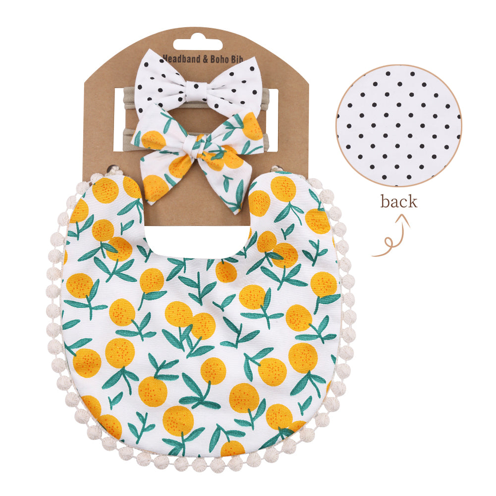 Baby Basic Floral Tassels Bib And Headband Accessories Set