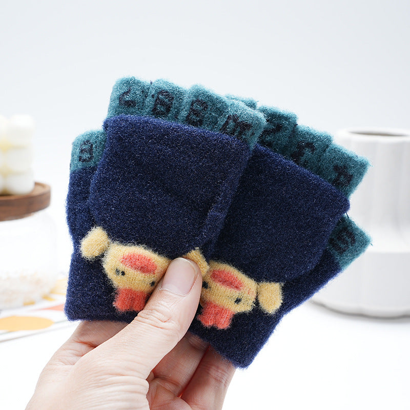 Kids Unisex Fall Winter Casual Cute Cartoon Fleeces Half Finger Clamshell Gloves