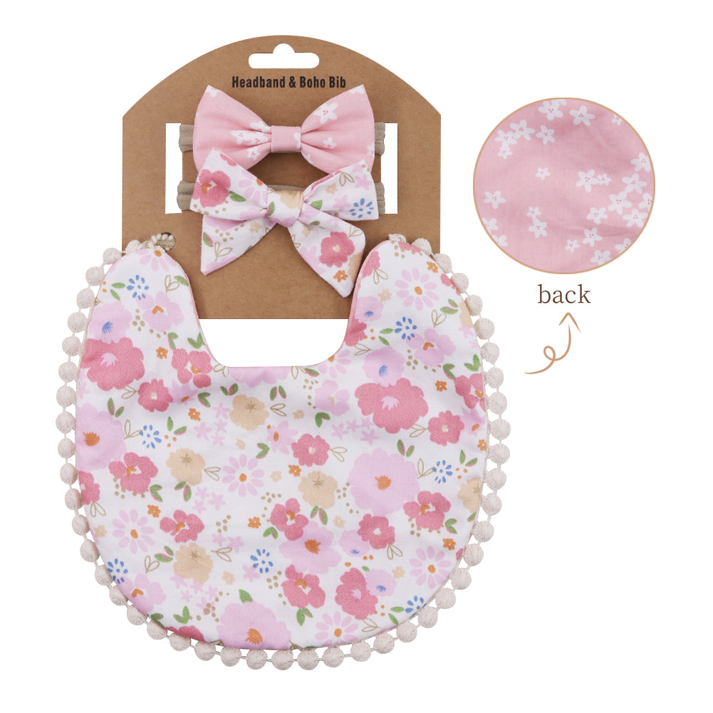 Baby Basic Floral Tassels Bib And Headband Accessories Set