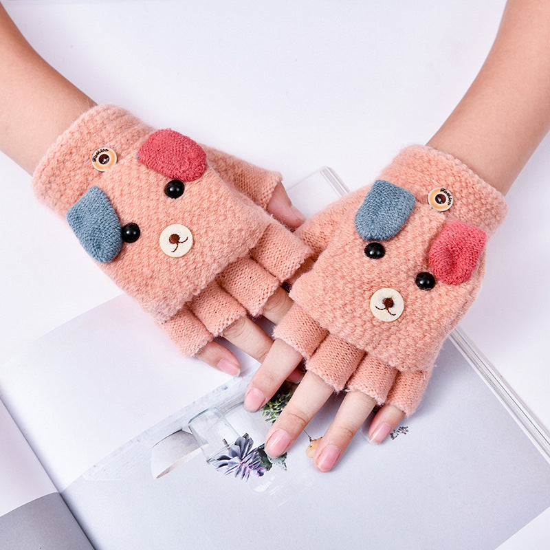 Kids Unisex Fall Winter Casual Cute Cartoon Fleeces Half Finger Clamshell Gloves