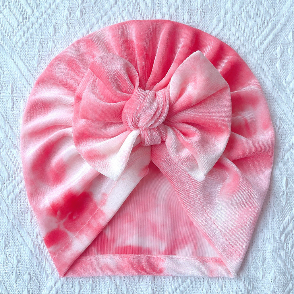 Toddlers Newborn Baby Velvet Tie-Dye Bow Turban Cap