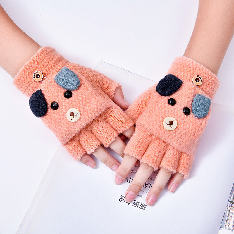 Kids Unisex Fall Winter Casual Cute Cartoon Fleeces Half Finger Clamshell Gloves