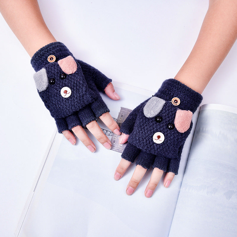 Kids Unisex Fall Winter Casual Cute Cartoon Fleeces Half Finger Clamshell Gloves