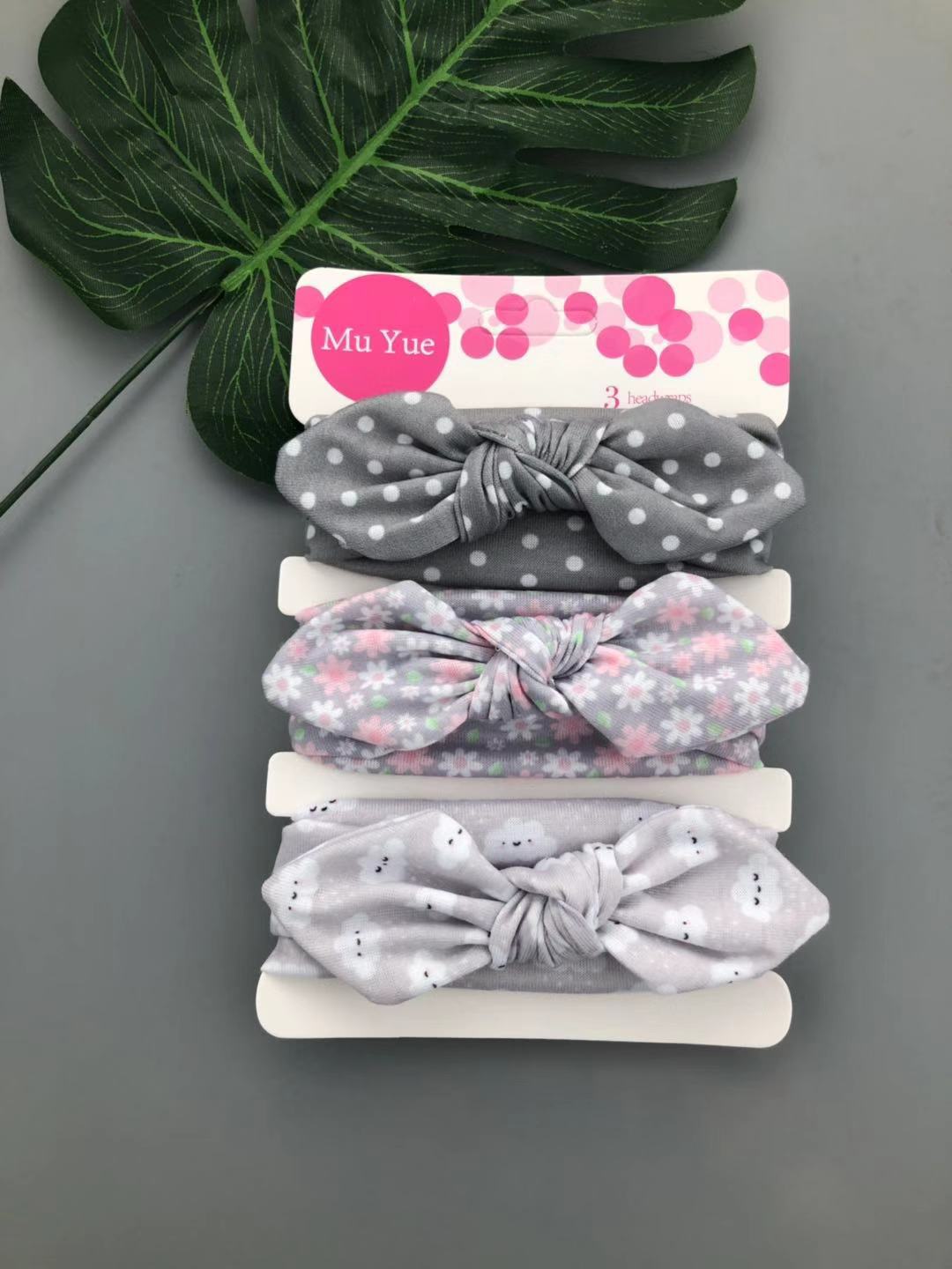 3pcs/set Kids Basic All Over Print Bow Rabbit Ear Headband