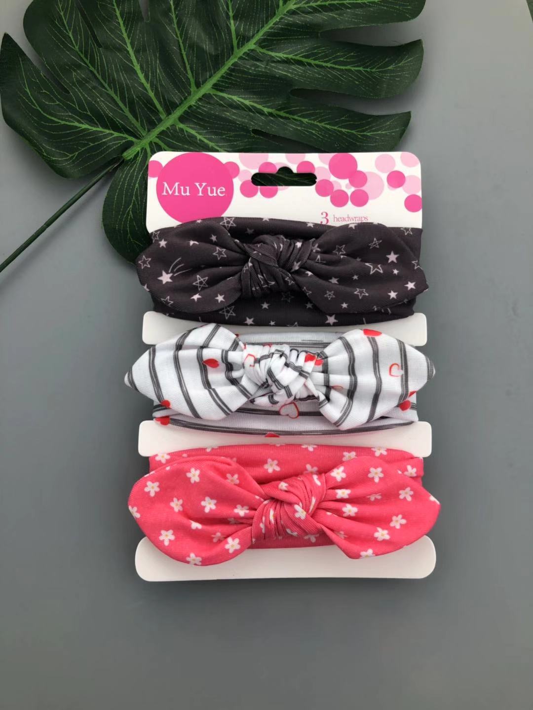 3pcs/set Kids Basic All Over Print Bow Rabbit Ear Headband