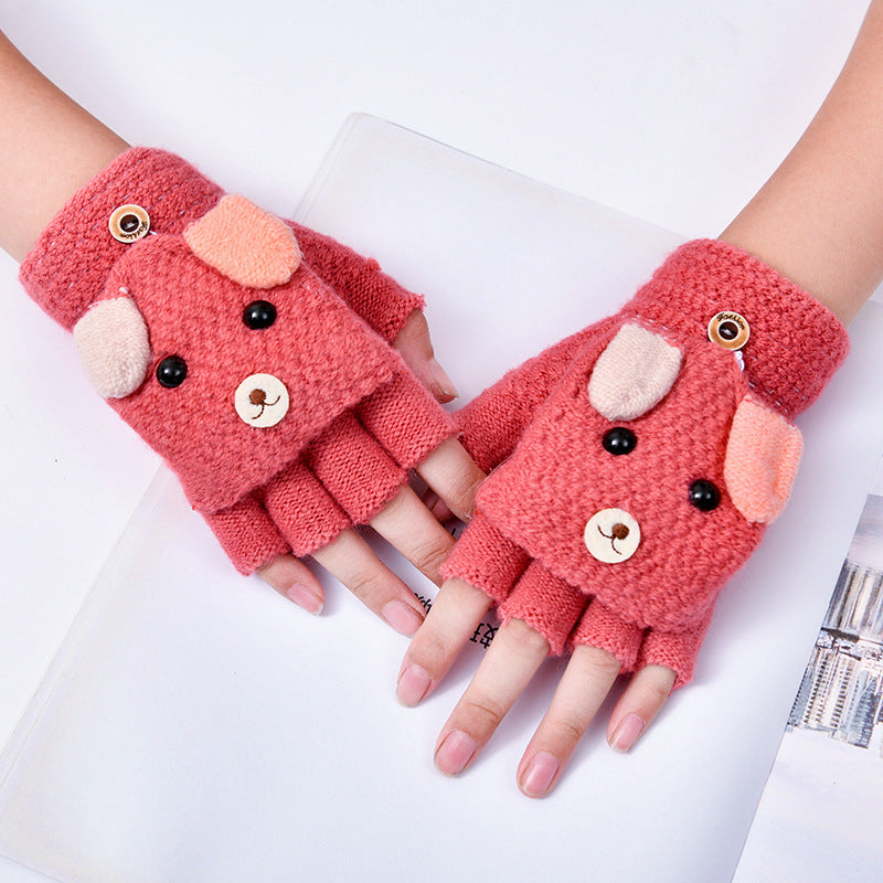 Kids Unisex Fall Winter Casual Cute Cartoon Fleeces Half Finger Clamshell Gloves