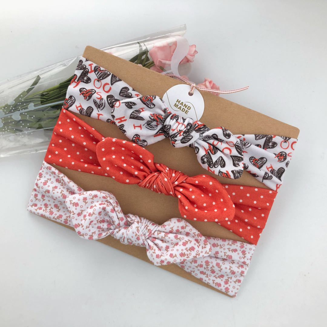 3pcs/set Kids Basic All Over Print Bow Rabbit Ear Headband