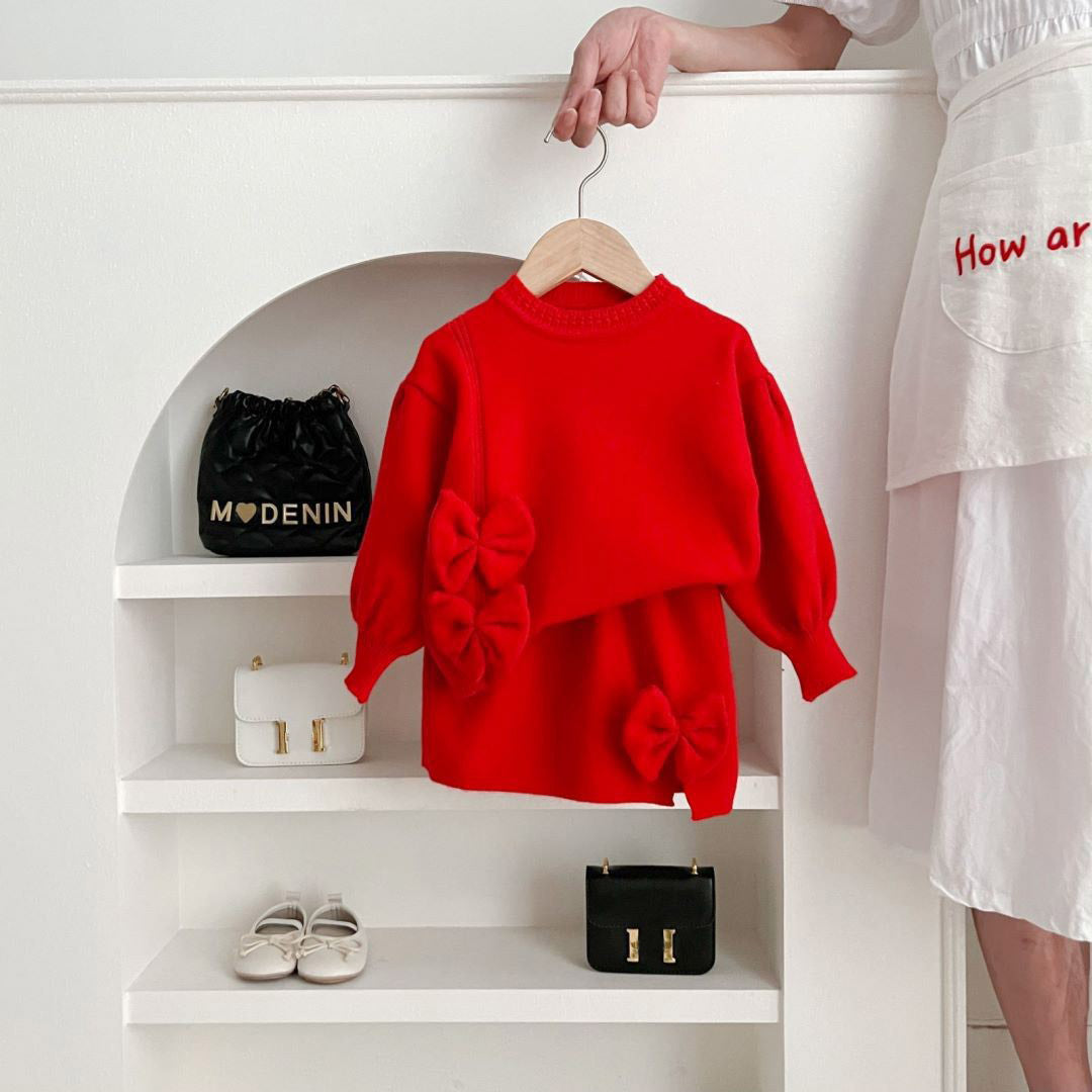 Winter Children Fashion Solid Color Bow Sweater And Skirt Knit Two-Piece Set