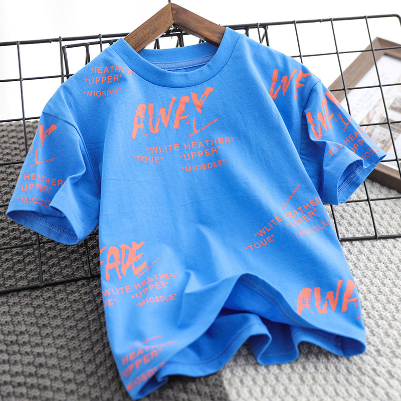 Kids Boys Casual Round Neck Short Sleeve Letter All Over Print Loose T-shirt