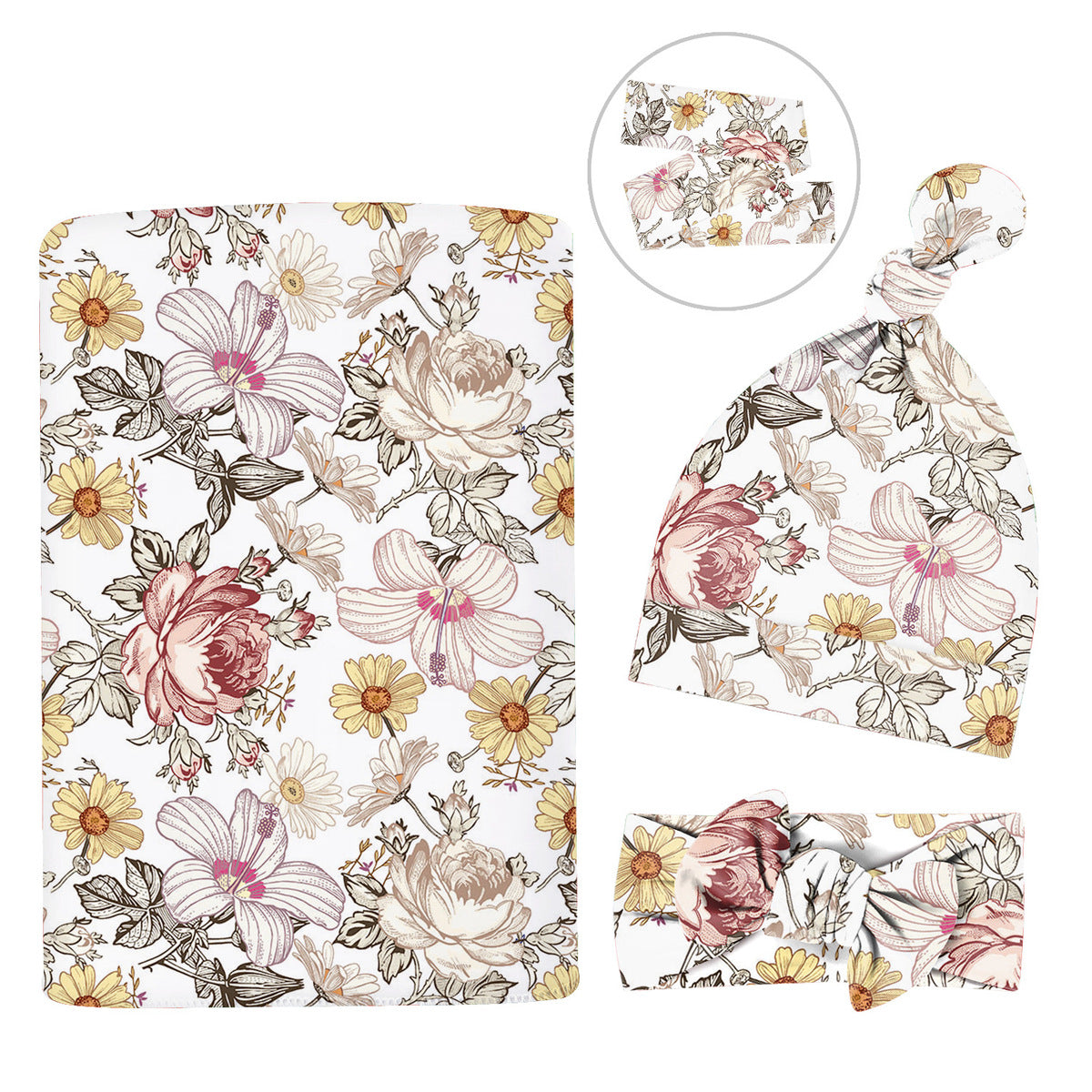 Baby Watercolor Style Printed Swaddle Headband Cap Three-Piece Set