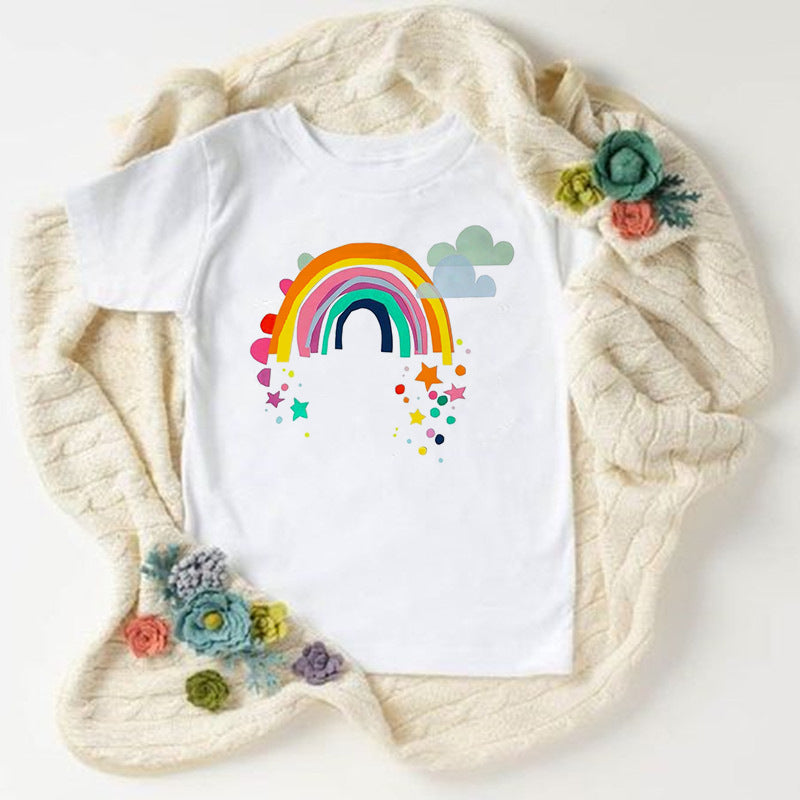Children Kids Baby Fashion Girls Boys Basic Casual Rainbow I Love You Print Short Sleeve T-Shirt
