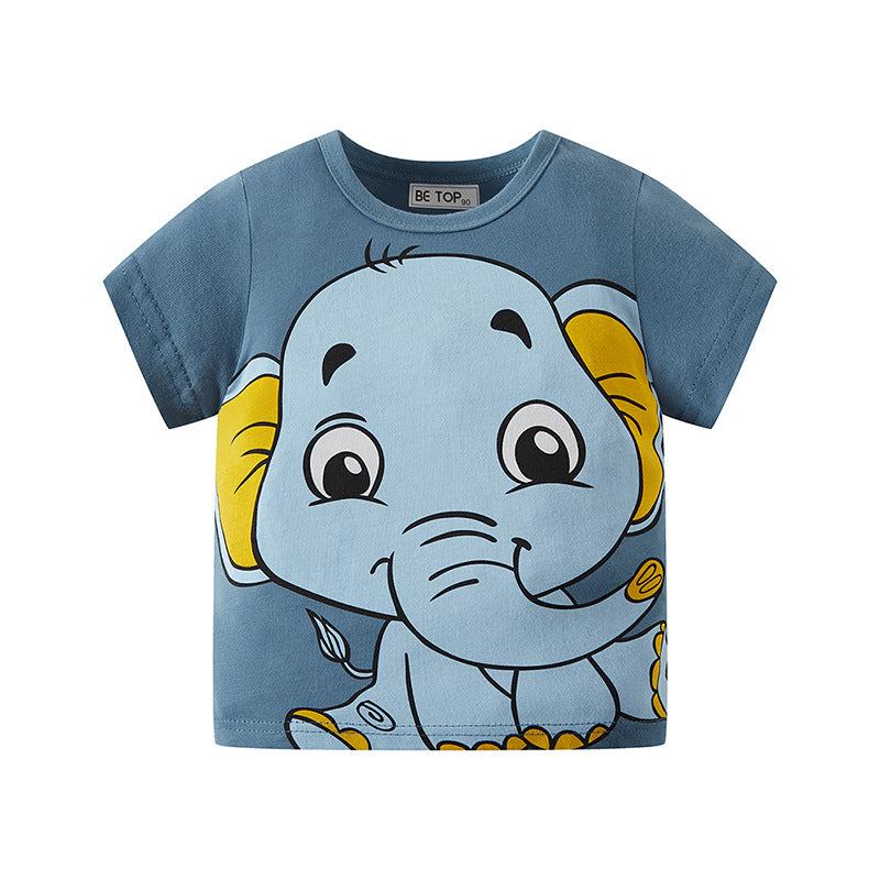 Kids Toddler Boys Casual Cute Cartoon Elephant Print Short Sleeve Round Neck T-Shirt