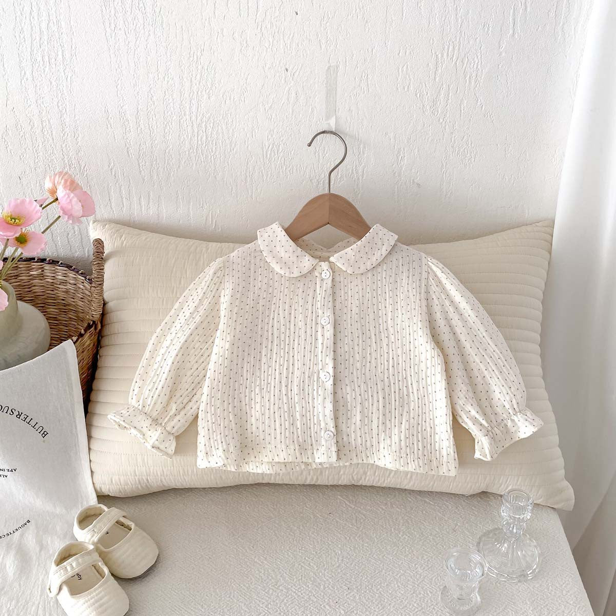 Kids Baby Girls Polka Dot Long Sleeve Lapel Blouses