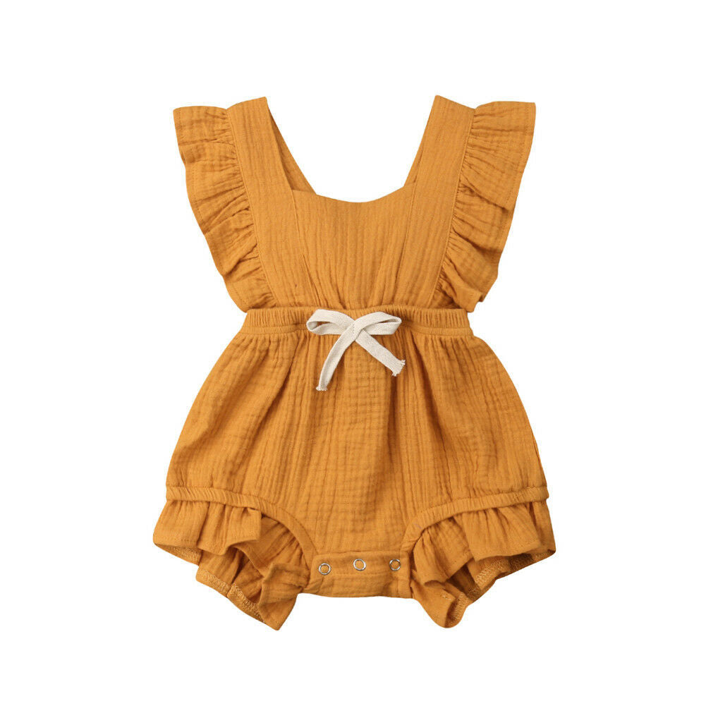 Baby Girls Solid Color Ruffled Sleeveless Rompers