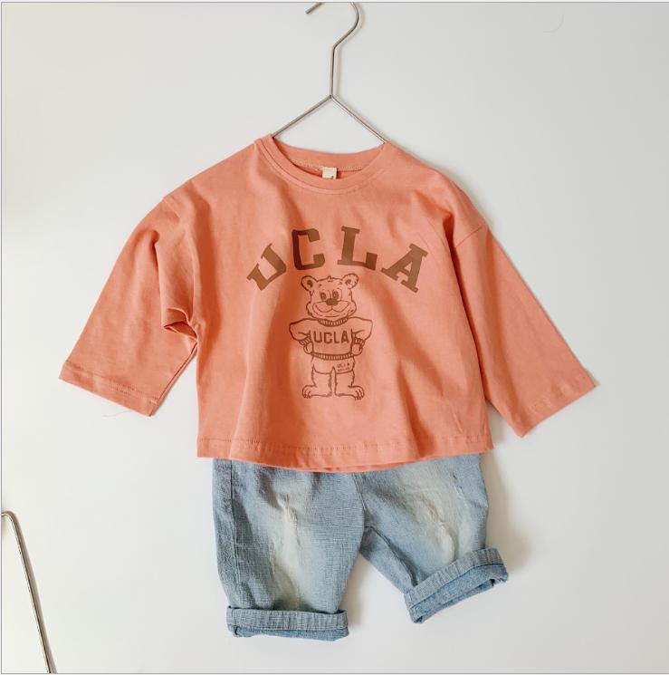 Kids Casual Cartoon Bear Letter Pattern Round Neck Long Sleeve Loose T-shirt